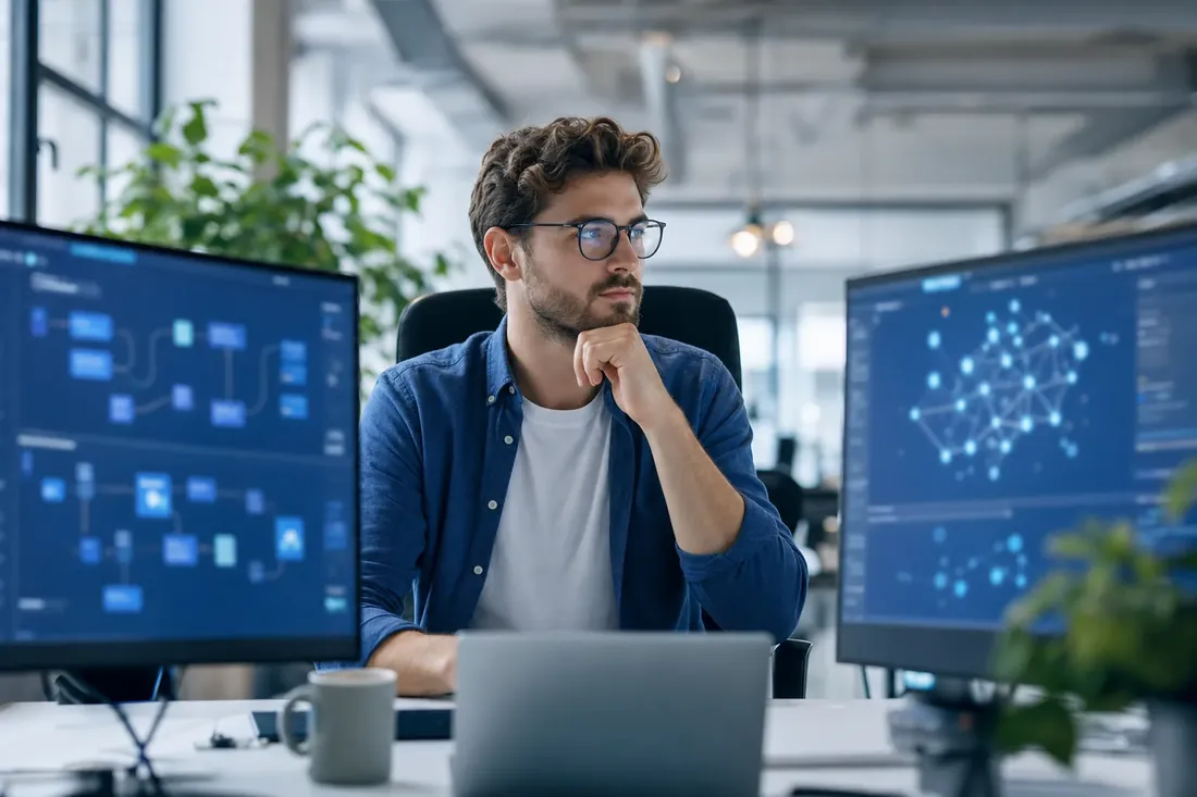 Engineer reviewing a workflow-automation diagram and AI visualization on large screens — automations and AI by NTL of NYC.