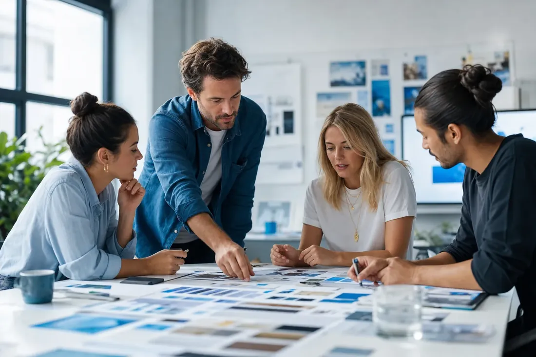 Creative team reviewing brand mood boards, color swatches and logo concepts in a studio — branding and content by NTL of NYC.