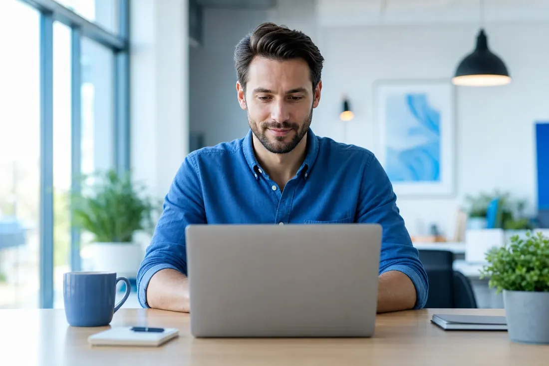 Marketer building an email campaign on a laptop at a clean desk — email marketing and lifecycle flows by NTL of NYC.
