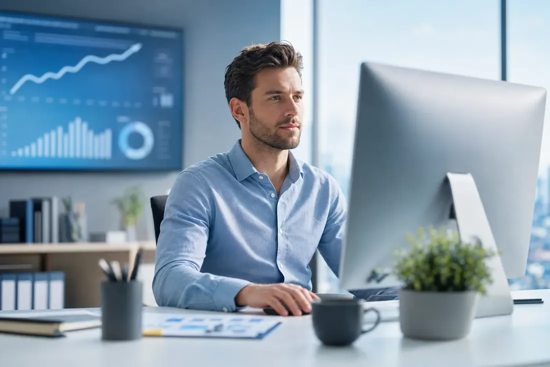 Marketing analyst reviewing upward search-ranking growth charts on a monitor — SEO and local SEO services by NTL of NYC.